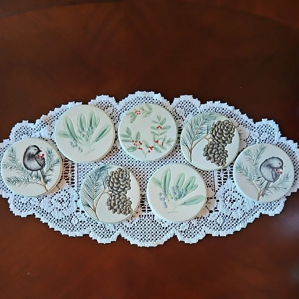 Set of 7 Beautiful Embossed Ceramic Coasters Pinecones, Holly & Berries, Birds